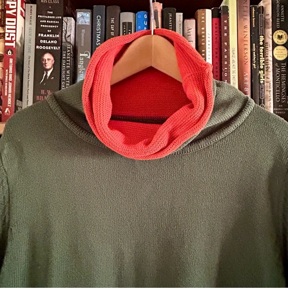 Boutique Hunter Green Orange Trim Cowl Knit A-Line Pockets Swing Tunic Dress M - Picture 2 of 8